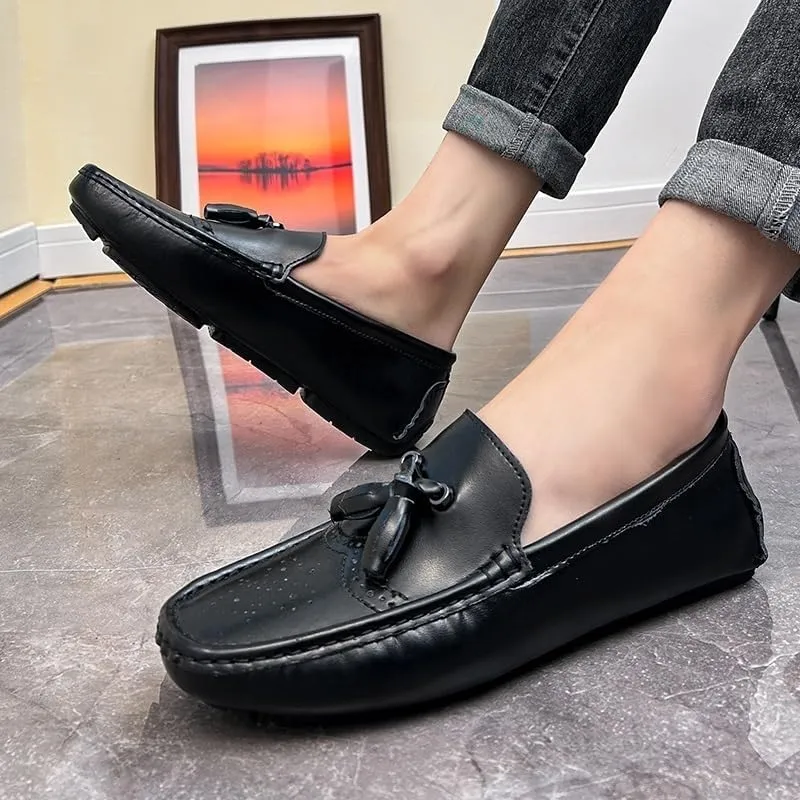 Men's Square Toe Brogue Loafers - Embossed Wingtips with Tassel, Slip-Resistant Driving Shoes, Flexible Flat Heel for Outdoor & Fashion