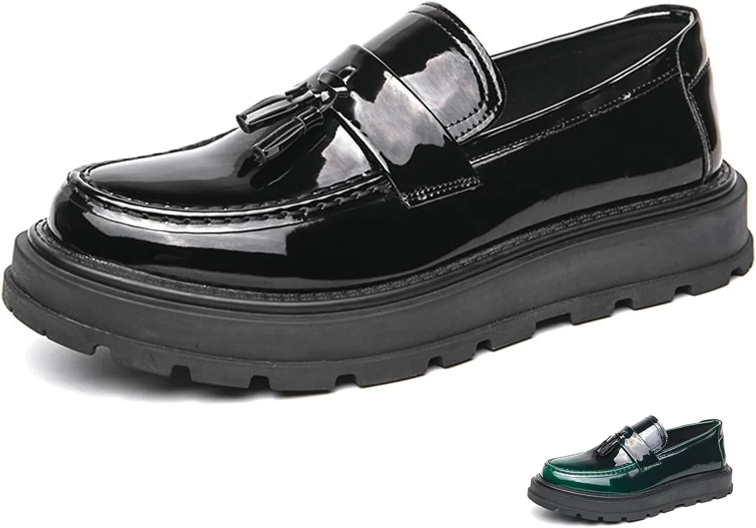 Men's Tassel Platform Loafers Slip-On Dress Shoes Casual Non-Slip Chunky Heel Business Shoes for Office Party Penny Loafers