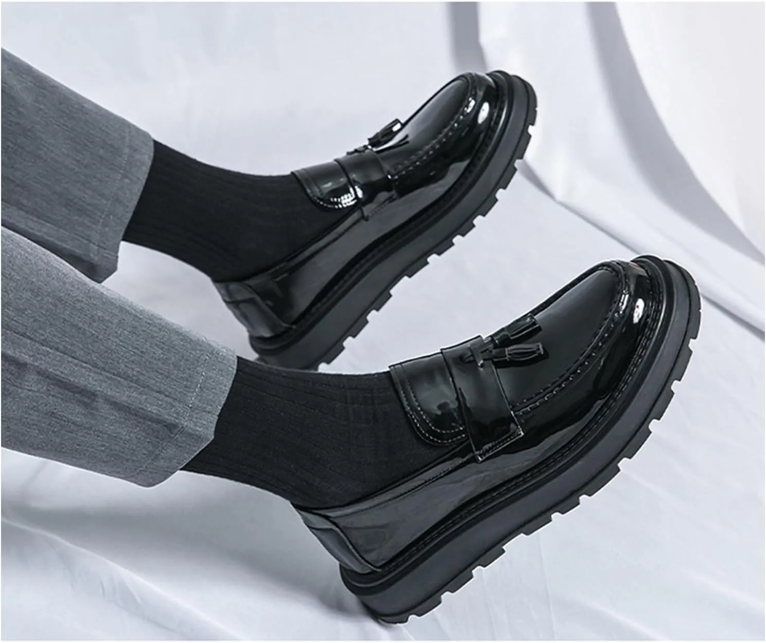 Men's Tassel Platform Loafers Slip-On Dress Shoes Casual Non-Slip Chunky Heel Business Shoes for Office Party Penny Loafers