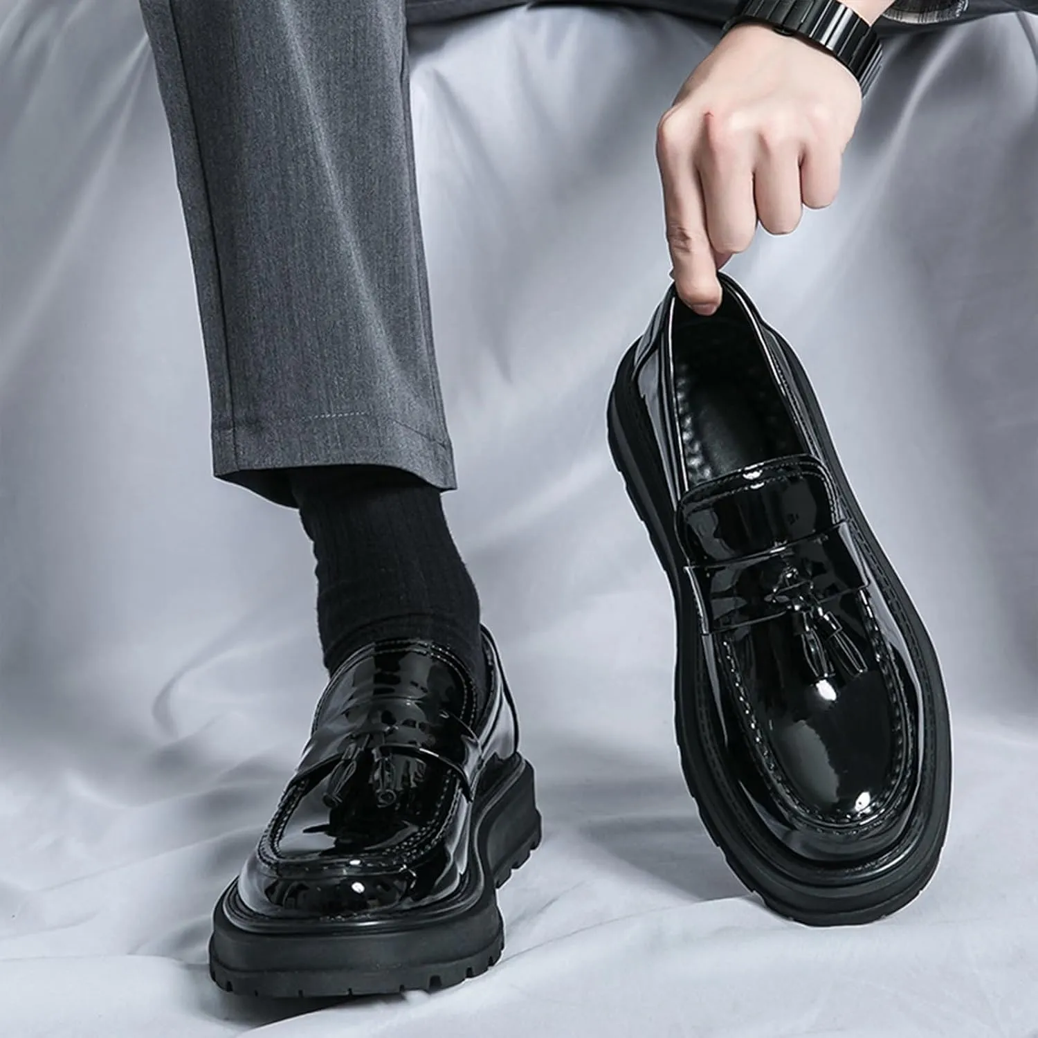 Men's Tassel Platform Loafers Slip-On Dress Shoes Casual Non-Slip Chunky Heel Business Shoes for Office Party Penny Loafers