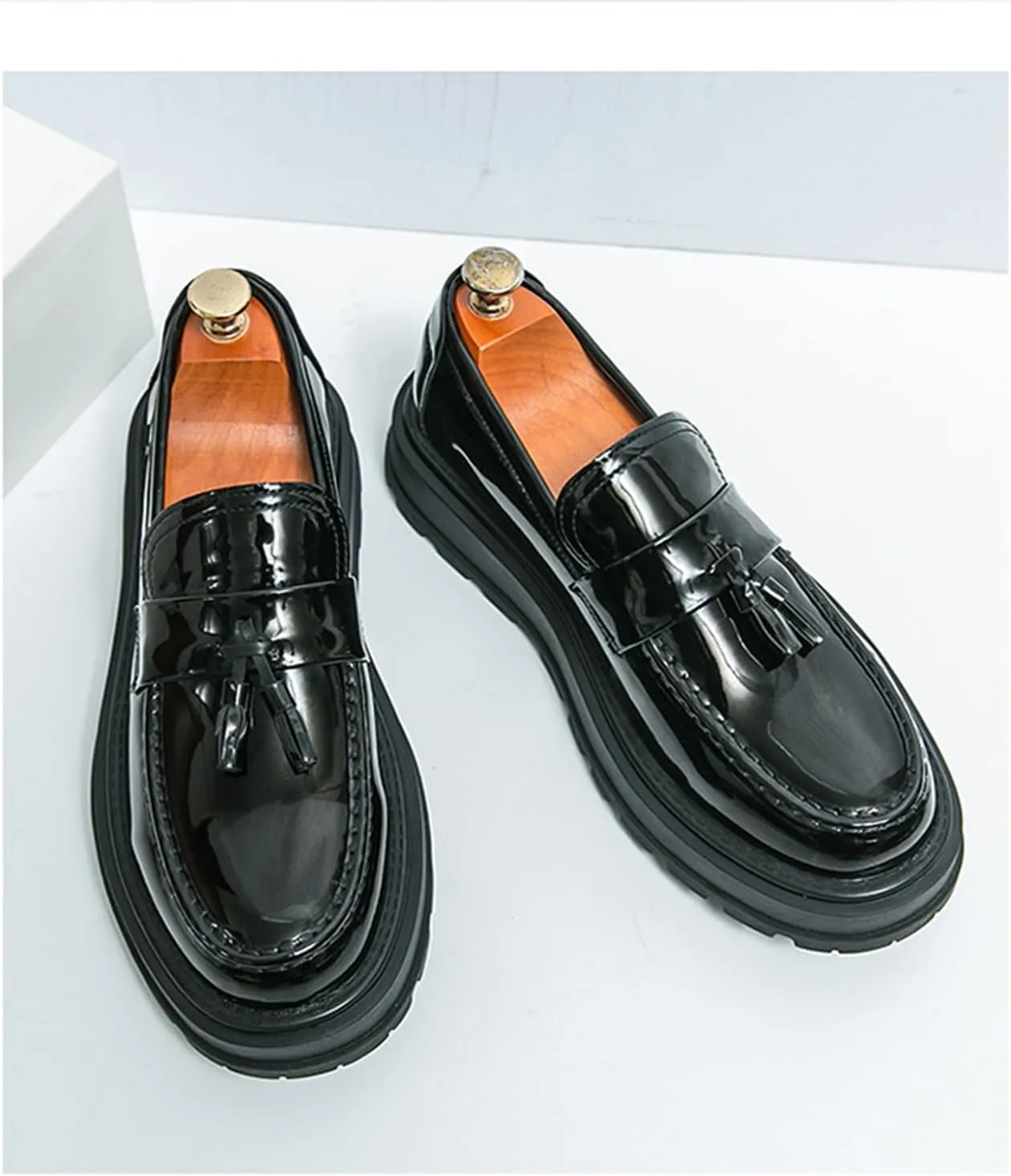 Men's Tassel Platform Loafers Slip-On Dress Shoes Casual Non-Slip Chunky Heel Business Shoes for Office Party Penny Loafers
