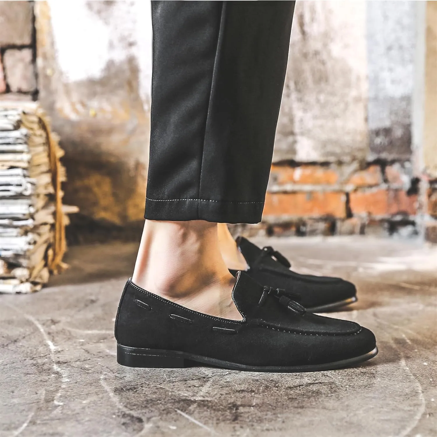 Men's Tassel Suede Slip on Dress Loafers Retro Tuxedo Penny Flats Shoes for Formal Business Dress Wedding