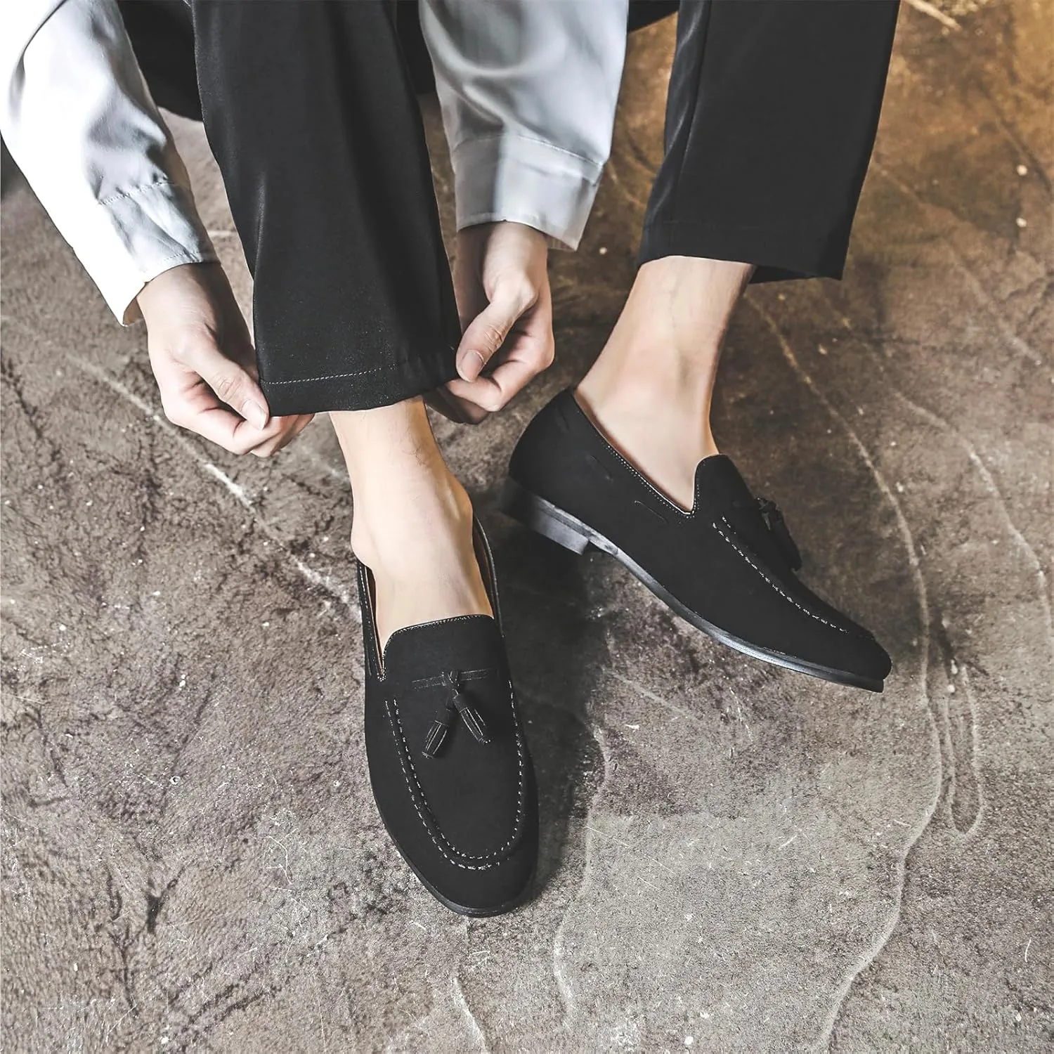 Men's Tassel Suede Slip on Dress Loafers Retro Tuxedo Penny Flats Shoes for Formal Business Dress Wedding