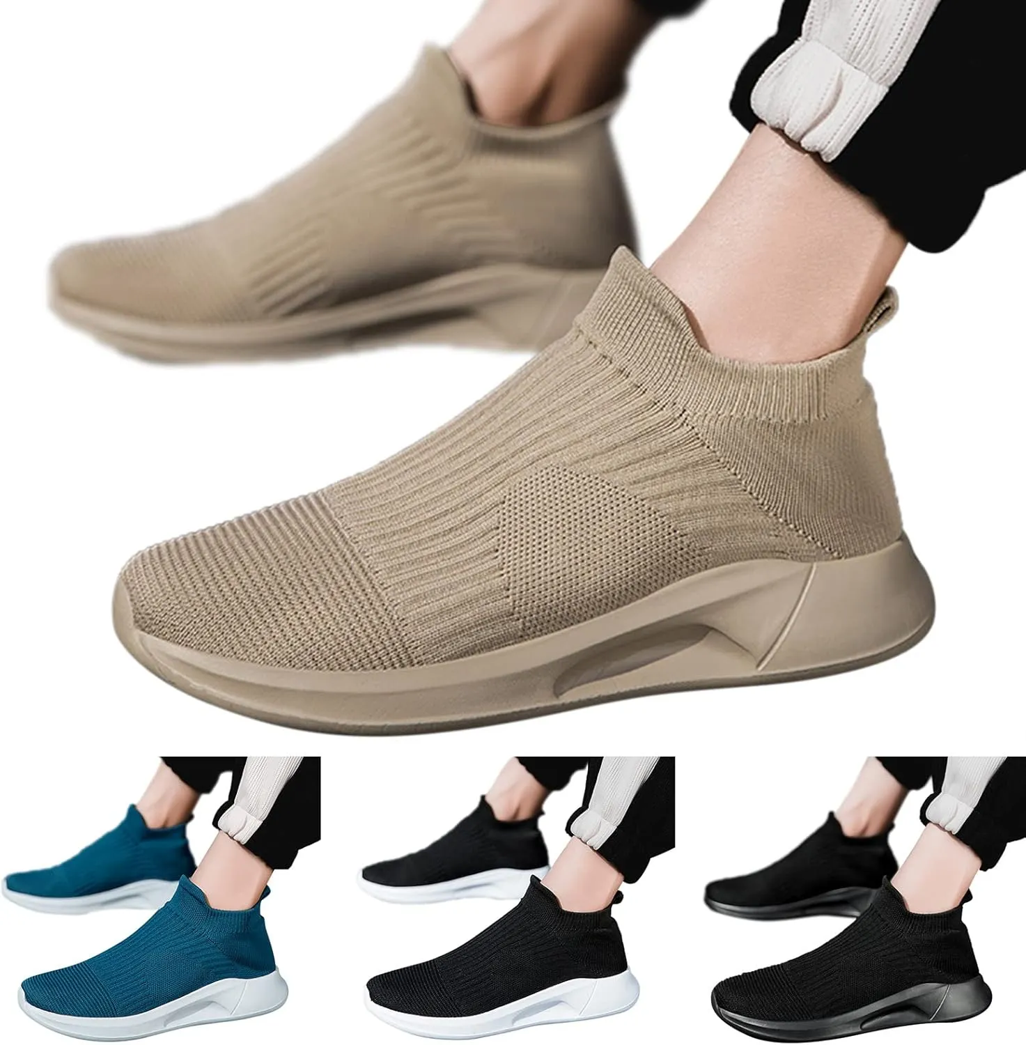 Mens Tennis Shoes Fashion Spring and Summer Men Sports Shoes Flat Bottom Lightweight Slip On Fly Woven Mesh Breathable