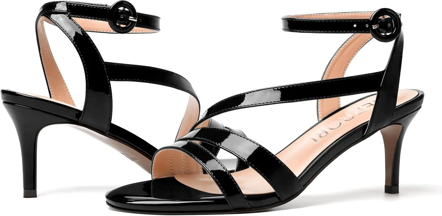 MERRORI Womens Casual Ankle Strap Patent Open Toe Buckle Office Stiletto Mid Heel Heeled Sandals 2.5 Inch
