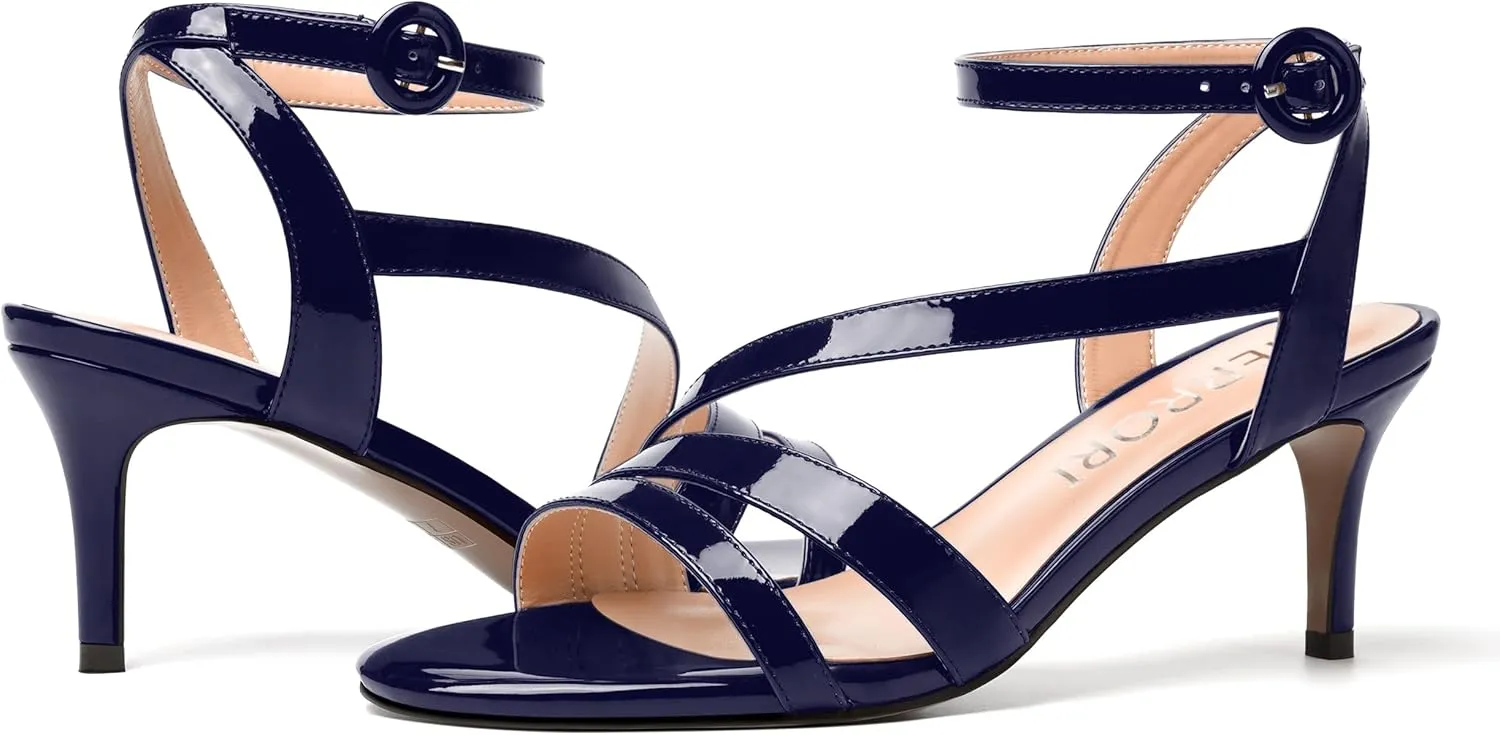 MERRORI Womens Casual Ankle Strap Patent Open Toe Buckle Office Stiletto Mid Heel Heeled Sandals 2.5 Inch