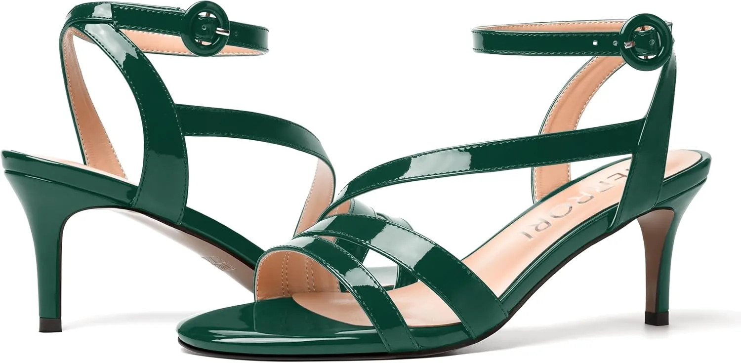 MERRORI Womens Casual Ankle Strap Patent Open Toe Buckle Office Stiletto Mid Heel Heeled Sandals 2.5 Inch
