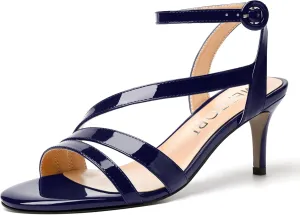 MERRORI Womens Casual Ankle Strap Patent Open Toe Buckle Office Stiletto Mid Heel Heeled Sandals 2.5 Inch