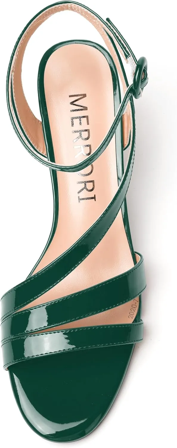 MERRORI Womens Casual Ankle Strap Patent Open Toe Buckle Office Stiletto Mid Heel Heeled Sandals 2.5 Inch