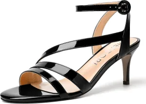 MERRORI Womens Casual Ankle Strap Patent Open Toe Buckle Office Stiletto Mid Heel Heeled Sandals 2.5 Inch