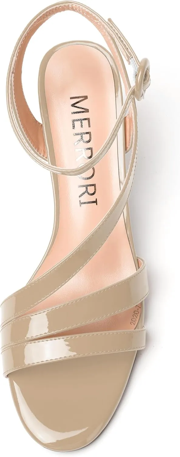 MERRORI Womens Casual Ankle Strap Patent Open Toe Buckle Office Stiletto Mid Heel Heeled Sandals 2.5 Inch