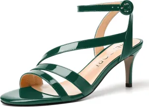 MERRORI Womens Casual Ankle Strap Patent Open Toe Buckle Office Stiletto Mid Heel Heeled Sandals 2.5 Inch