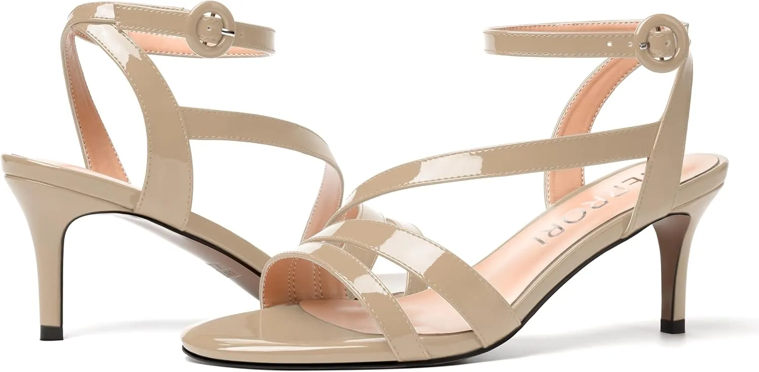 MERRORI Womens Casual Ankle Strap Patent Open Toe Buckle Office Stiletto Mid Heel Heeled Sandals 2.5 Inch