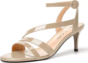 MERRORI Womens Casual Ankle Strap Patent Open Toe Buckle Office Stiletto Mid Heel Heeled Sandals 2.5 Inch