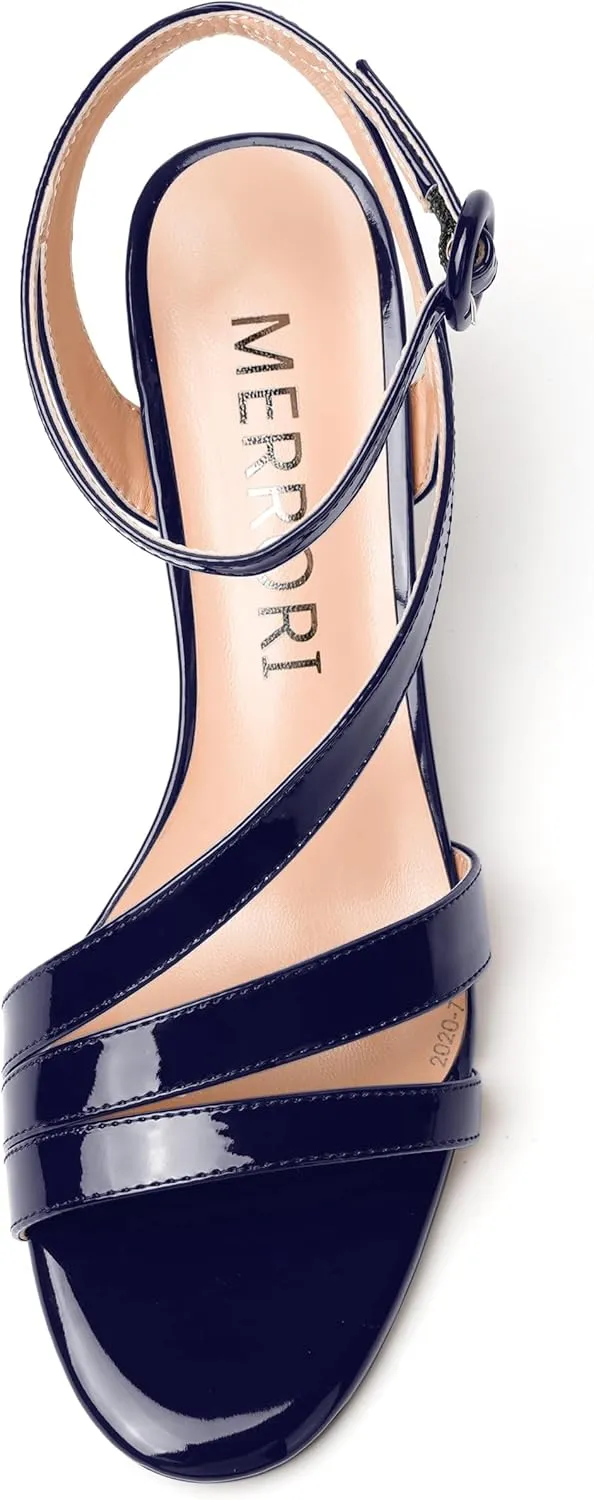 MERRORI Womens Casual Ankle Strap Patent Open Toe Buckle Office Stiletto Mid Heel Heeled Sandals 2.5 Inch