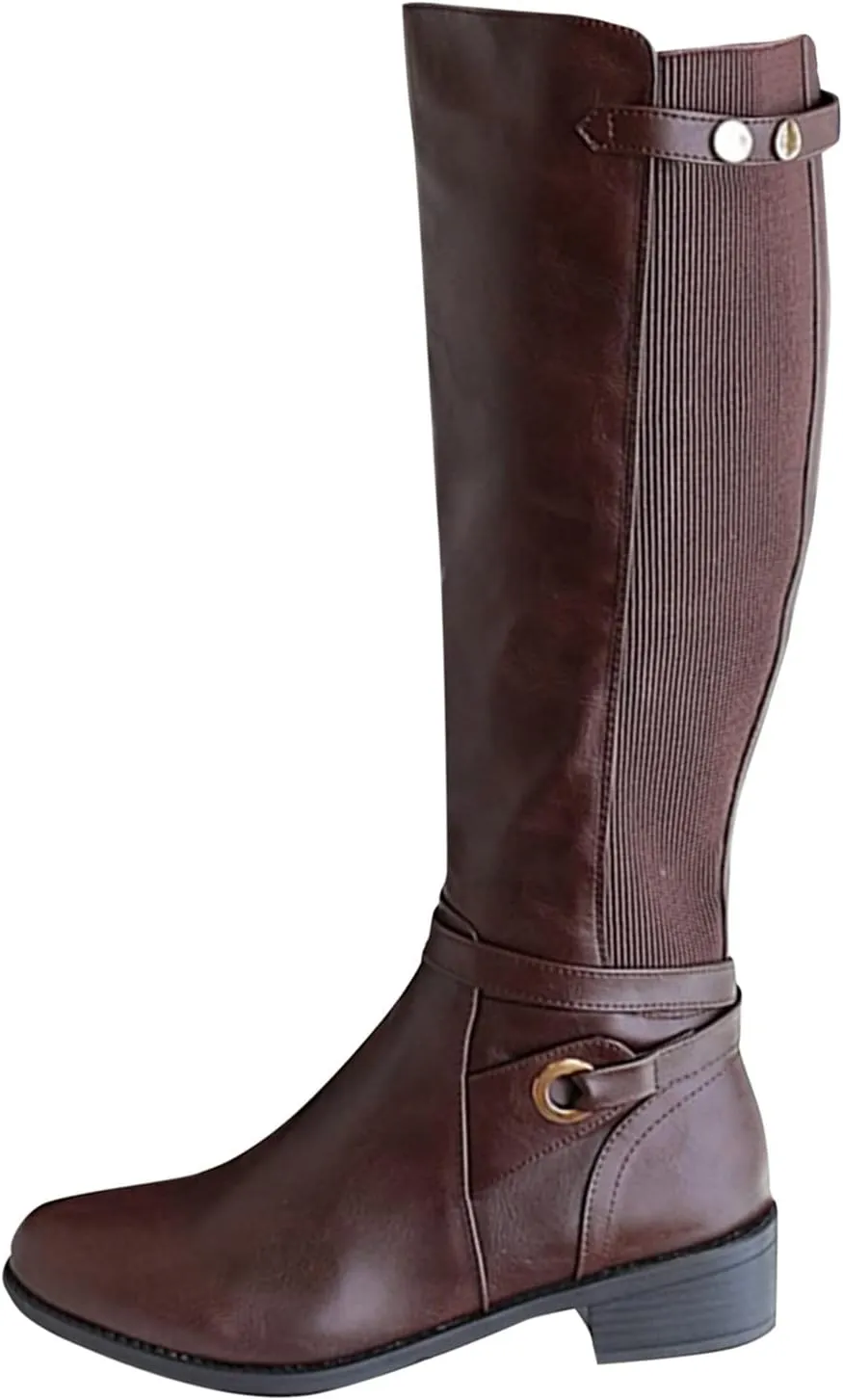 Mid Calf Boots for Women Black Boots for Women Winter Chunky Heel Leather Long Boots Knee High Boot For Ladies Casual