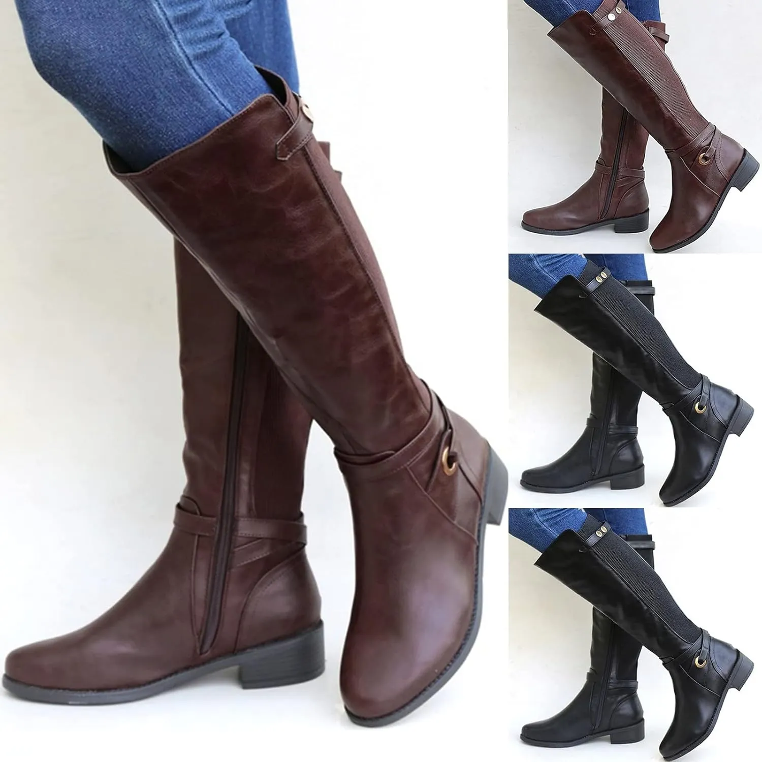 Mid Calf Boots for Women Black Boots for Women Winter Chunky Heel Leather Long Boots Knee High Boot For Ladies Casual