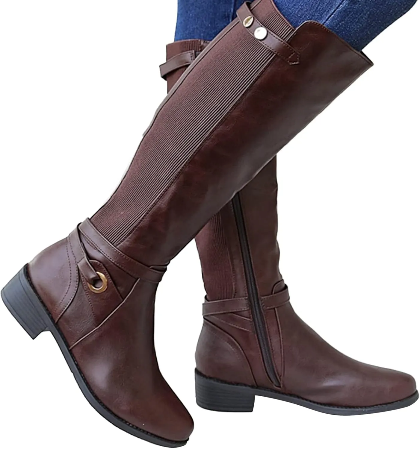 Mid Calf Boots for Women Black Boots for Women Winter Chunky Heel Leather Long Boots Knee High Boot For Ladies Casual