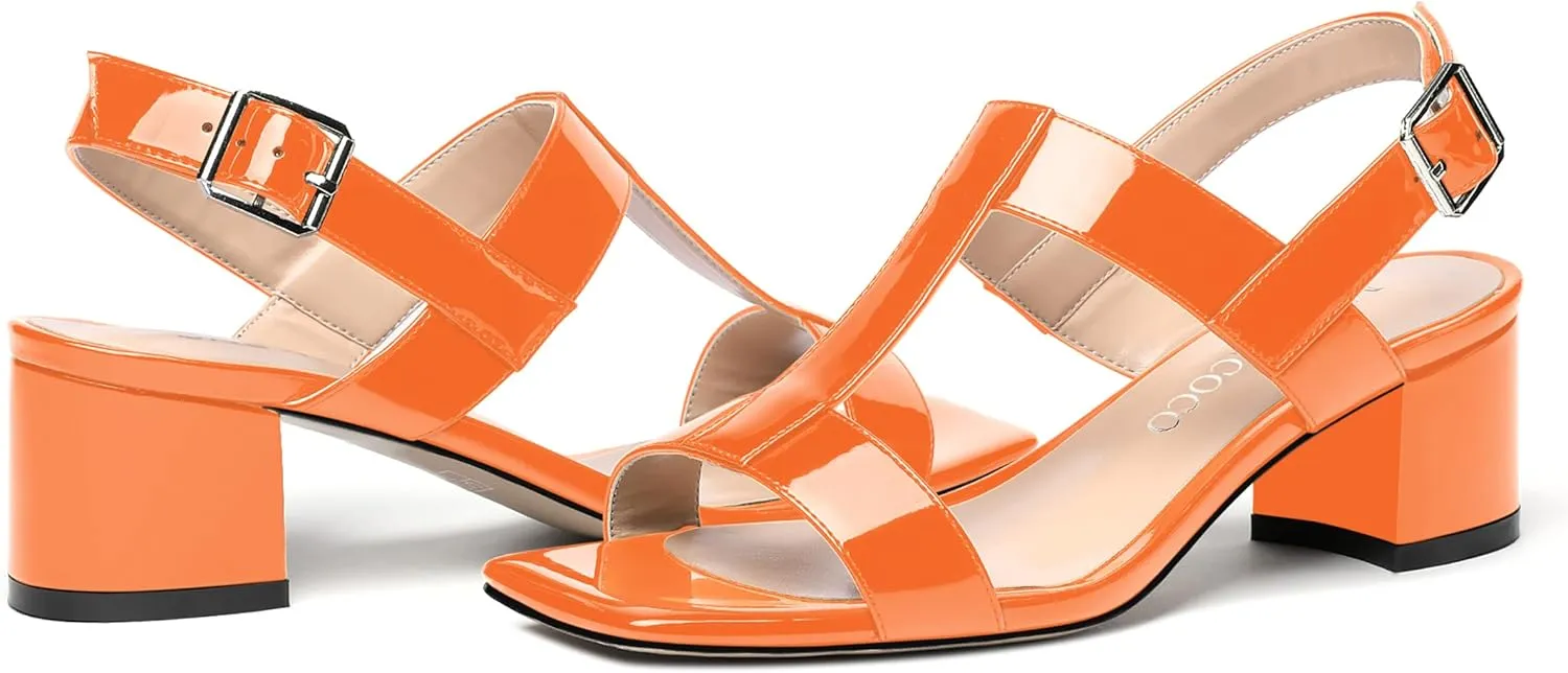 MODENCOCO Women's Buckle Dressy Patent Comfortable Dating Ankle Strap Open Toe Chunky Low Heel Heeled Sandals 2 Inch