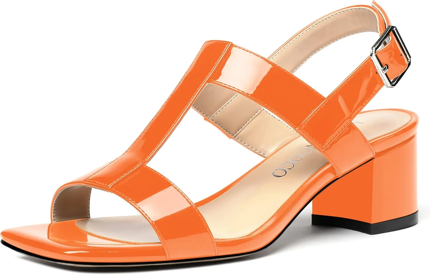 MODENCOCO Women's Buckle Dressy Patent Comfortable Dating Ankle Strap Open Toe Chunky Low Heel Heeled Sandals 2 Inch