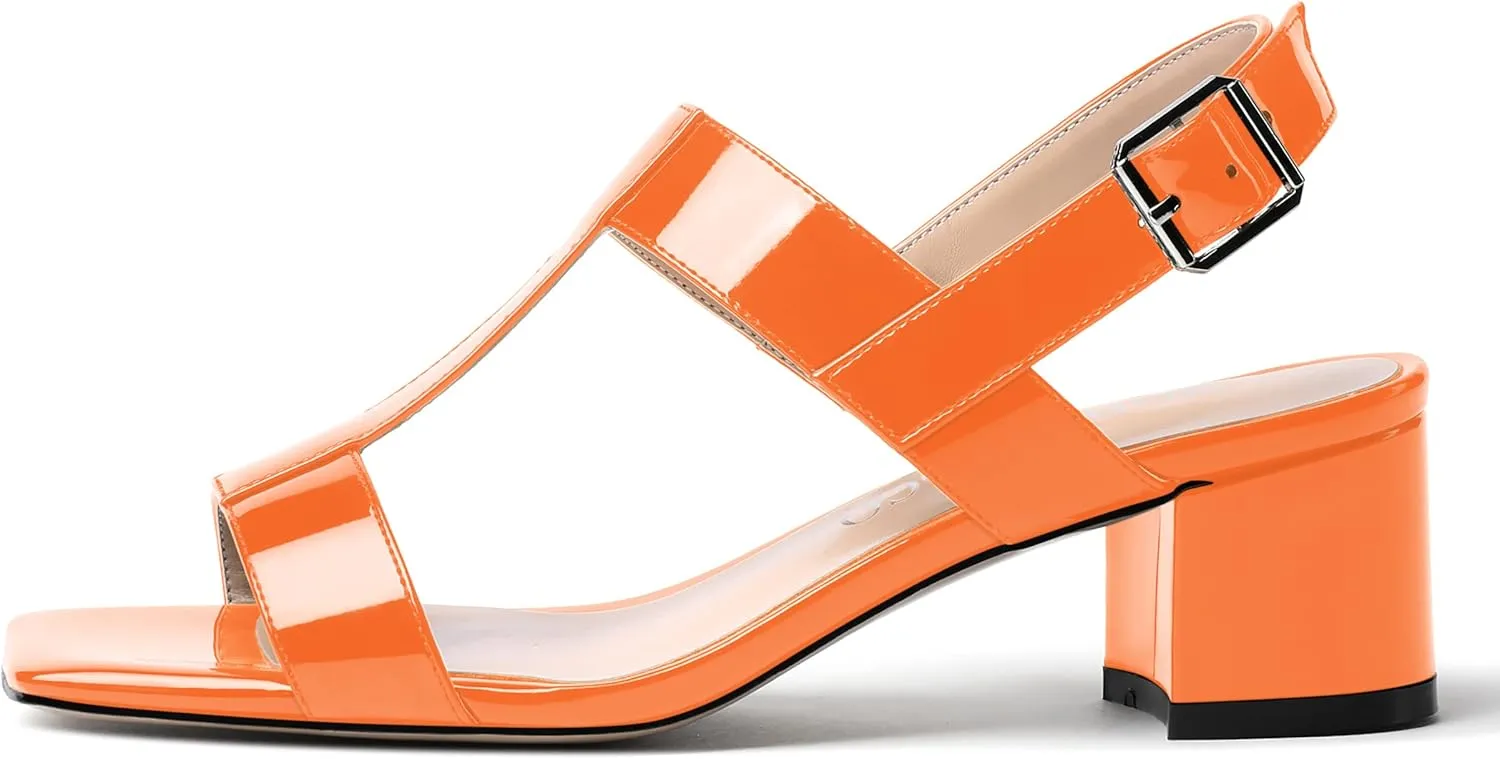 MODENCOCO Women's Buckle Dressy Patent Comfortable Dating Ankle Strap Open Toe Chunky Low Heel Heeled Sandals 2 Inch