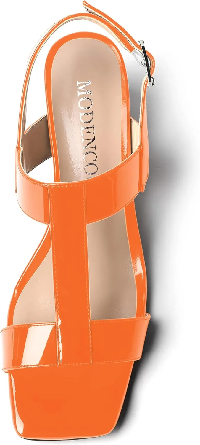 MODENCOCO Women's Buckle Dressy Patent Comfortable Dating Ankle Strap Open Toe Chunky Low Heel Heeled Sandals 2 Inch