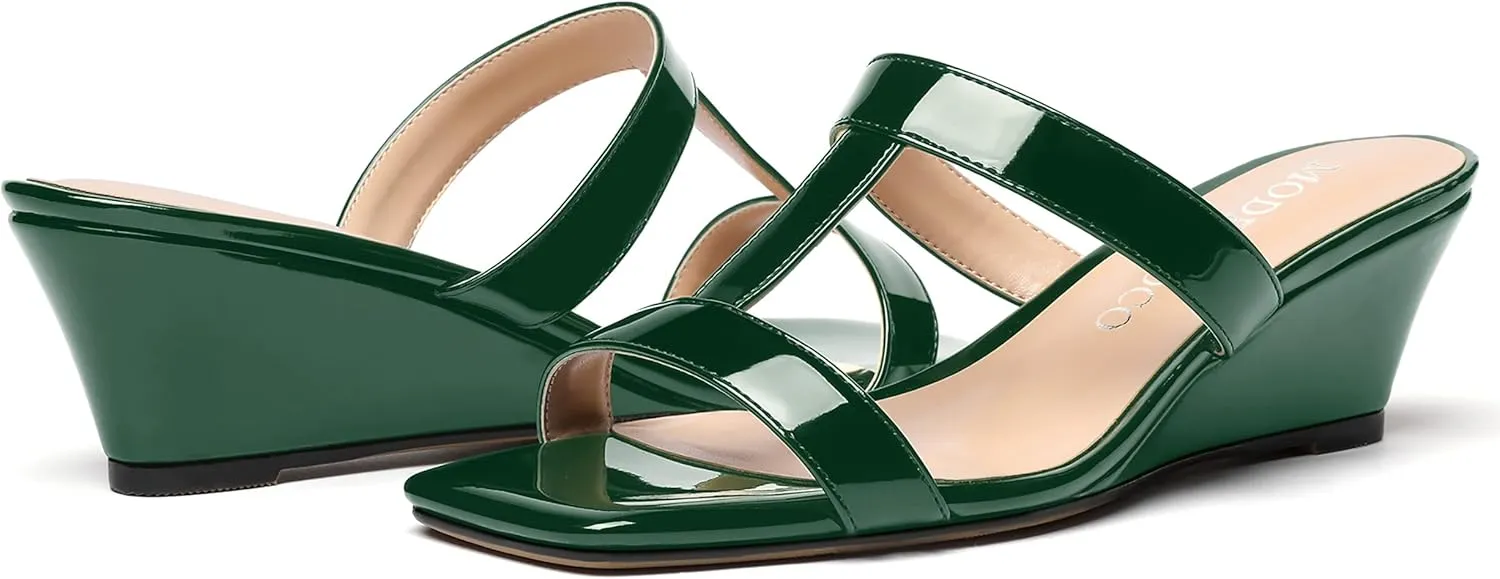 MODENCOCO Women's Comfortable Patent Slip On Dating Dress Open Toe T Strap Wedge Low Heel Heeled Sandals 2 Inch