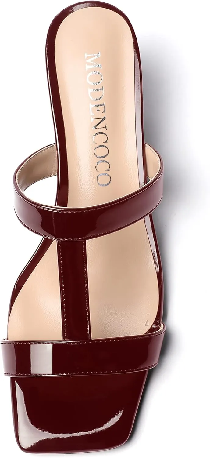 MODENCOCO Women's Comfortable Patent Slip On Dating Dress Open Toe T Strap Wedge Low Heel Heeled Sandals 2 Inch