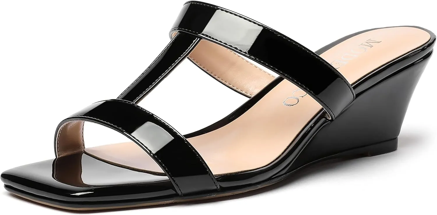 MODENCOCO Women's Comfortable Patent Slip On Dating Dress Open Toe T Strap Wedge Low Heel Heeled Sandals 2 Inch