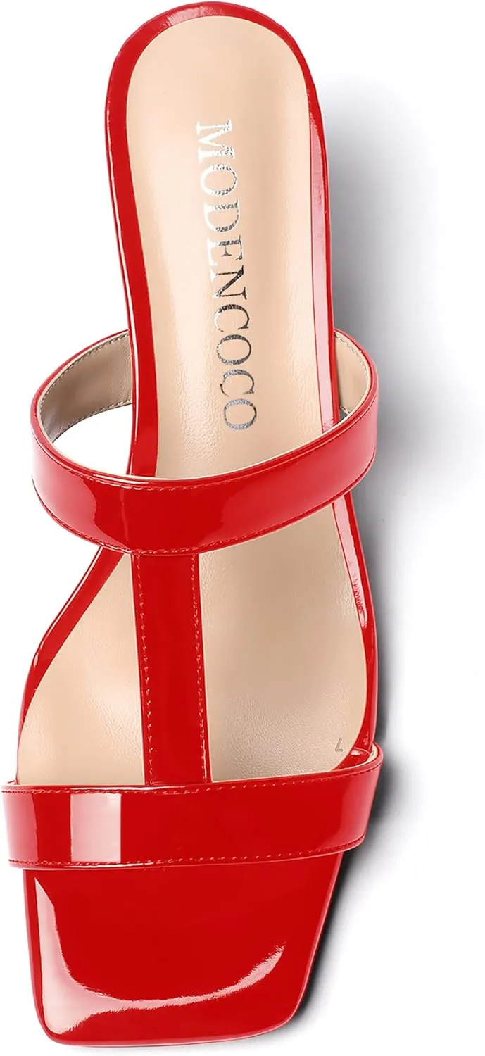 MODENCOCO Women's Comfortable Patent Slip On Dating Dress Open Toe T Strap Wedge Low Heel Heeled Sandals 2 Inch