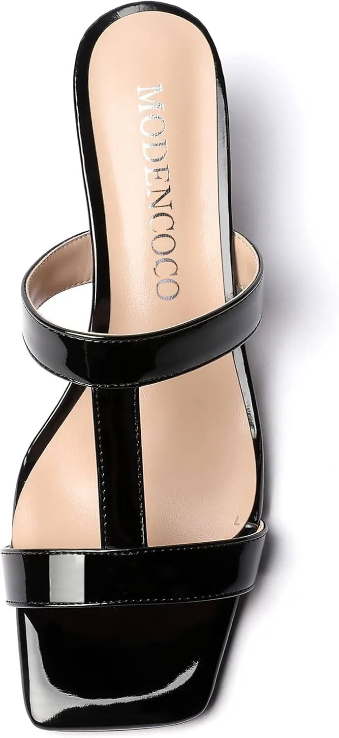 MODENCOCO Women's Comfortable Patent Slip On Dating Dress Open Toe T Strap Wedge Low Heel Heeled Sandals 2 Inch