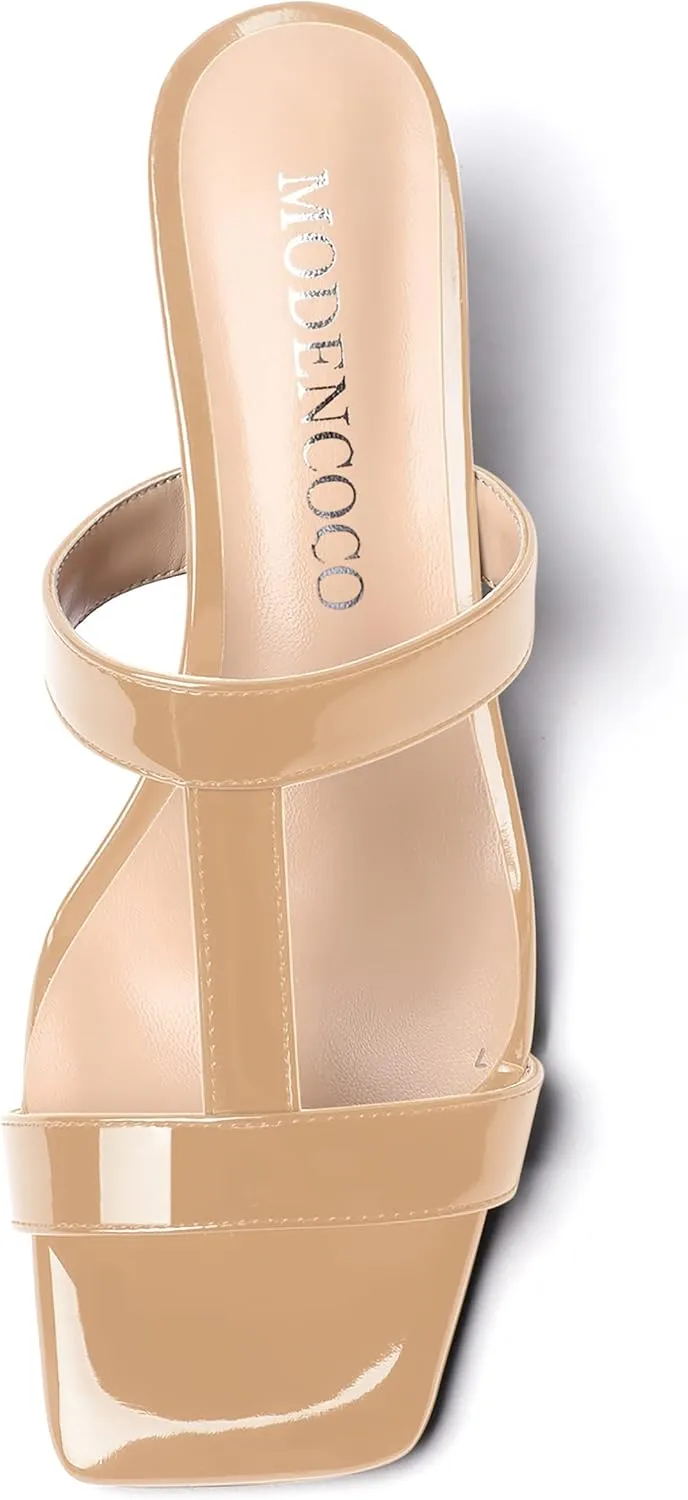 MODENCOCO Women's Comfortable Patent Slip On Dating Dress Open Toe T Strap Wedge Low Heel Heeled Sandals 2 Inch