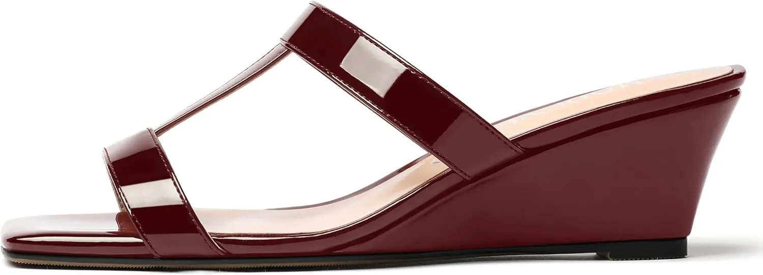 MODENCOCO Women's Comfortable Patent Slip On Dating Dress Open Toe T Strap Wedge Low Heel Heeled Sandals 2 Inch