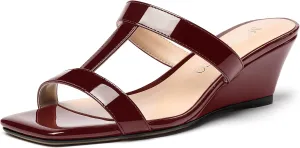 MODENCOCO Women's Comfortable Patent Slip On Dating Dress Open Toe T Strap Wedge Low Heel Heeled Sandals 2 Inch