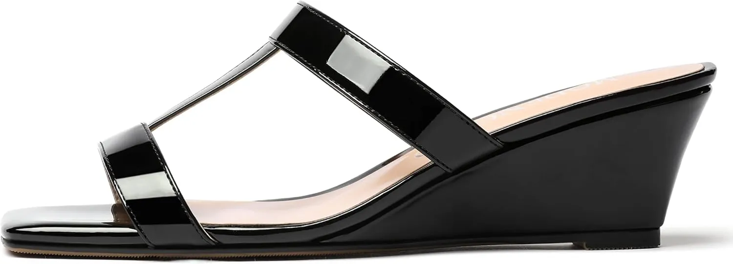 MODENCOCO Women's Comfortable Patent Slip On Dating Dress Open Toe T Strap Wedge Low Heel Heeled Sandals 2 Inch