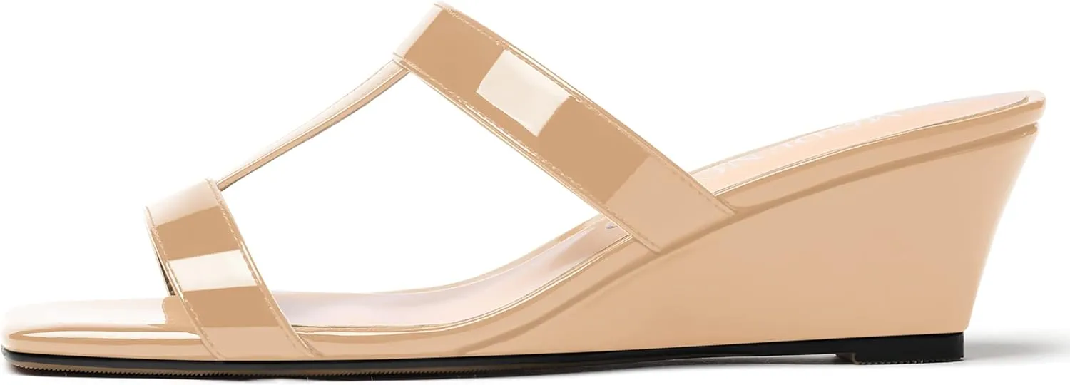 MODENCOCO Women's Comfortable Patent Slip On Dating Dress Open Toe T Strap Wedge Low Heel Heeled Sandals 2 Inch