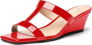 MODENCOCO Women's Comfortable Patent Slip On Dating Dress Open Toe T Strap Wedge Low Heel Heeled Sandals 2 Inch