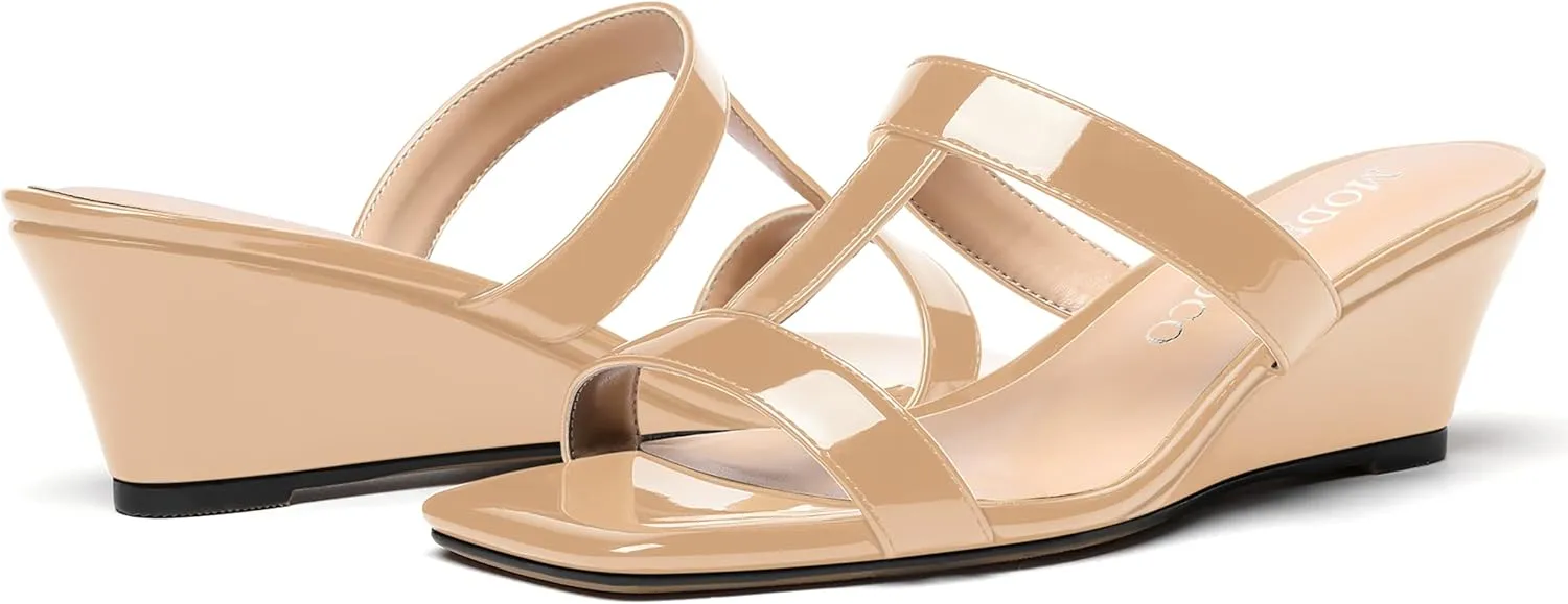 MODENCOCO Women's Comfortable Patent Slip On Dating Dress Open Toe T Strap Wedge Low Heel Heeled Sandals 2 Inch