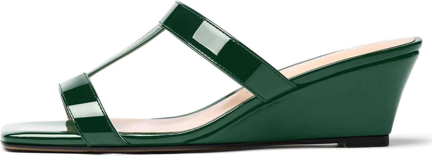 MODENCOCO Women's Comfortable Patent Slip On Dating Dress Open Toe T Strap Wedge Low Heel Heeled Sandals 2 Inch
