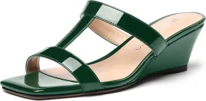 MODENCOCO Women's Comfortable Patent Slip On Dating Dress Open Toe T Strap Wedge Low Heel Heeled Sandals 2 Inch