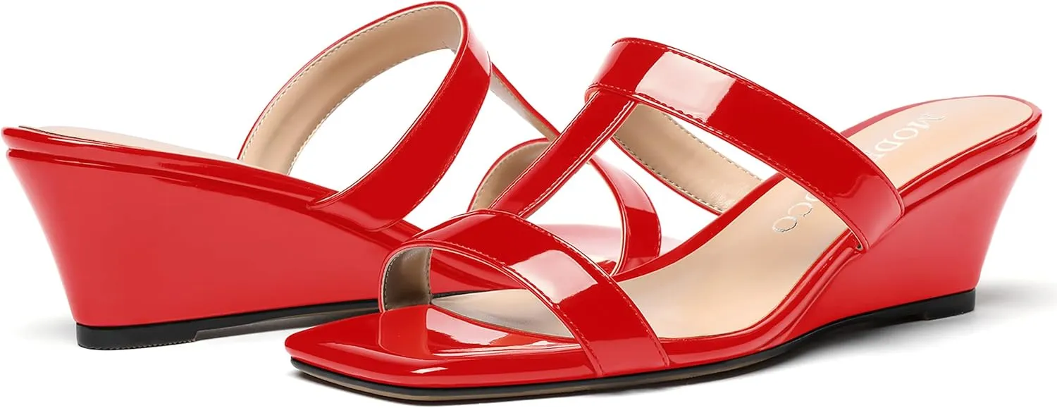 MODENCOCO Women's Comfortable Patent Slip On Dating Dress Open Toe T Strap Wedge Low Heel Heeled Sandals 2 Inch