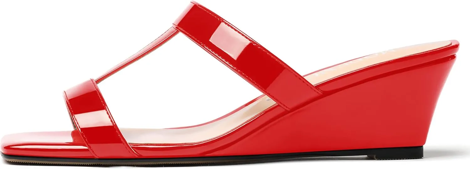 MODENCOCO Women's Comfortable Patent Slip On Dating Dress Open Toe T Strap Wedge Low Heel Heeled Sandals 2 Inch