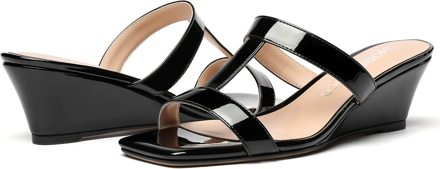 MODENCOCO Women's Comfortable Patent Slip On Dating Dress Open Toe T Strap Wedge Low Heel Heeled Sandals 2 Inch