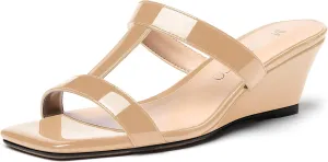 MODENCOCO Women's Comfortable Patent Slip On Dating Dress Open Toe T Strap Wedge Low Heel Heeled Sandals 2 Inch
