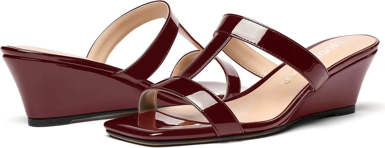 MODENCOCO Women's Comfortable Patent Slip On Dating Dress Open Toe T Strap Wedge Low Heel Heeled Sandals 2 Inch