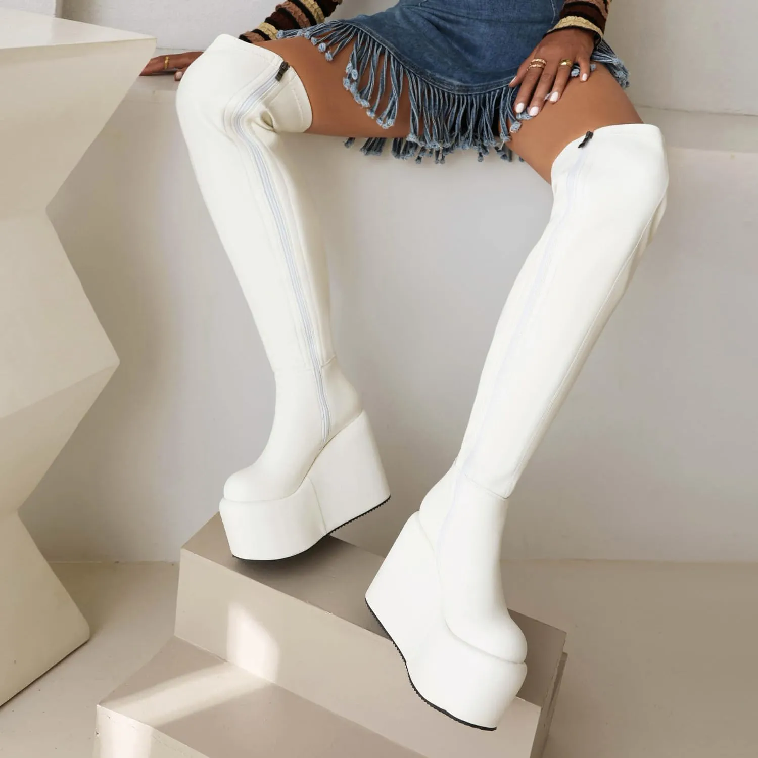 MRKEWUNEY Womens Over The Knee High Boots Wedge Platform Heel Knee High Boots