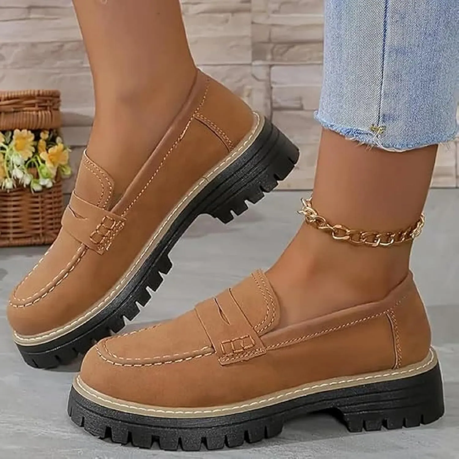 Orthoture Orthopedic Platform Loafers, Platform Loafers for Women, Lug Sole Slip On Loafers for Women, Chunky Heel