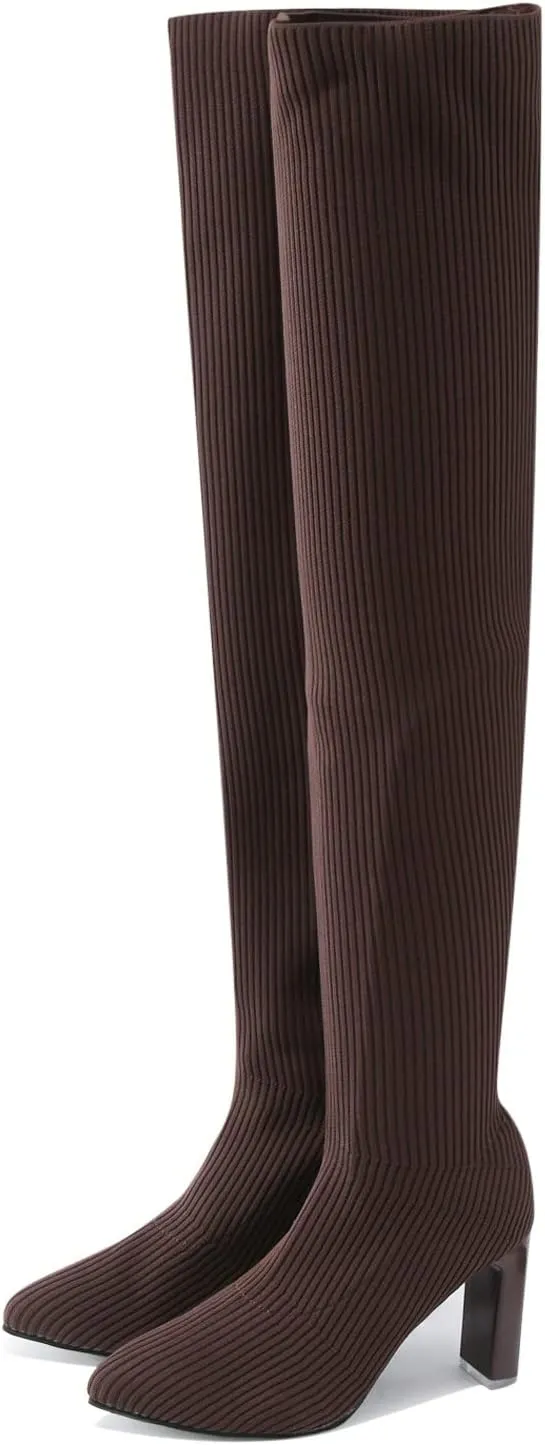 Over the Knee Boots for Women Platform Thigh High Boots Chunky Heel Knee High Boots Round Toe Stretch Suede Over-the-Knee Boots Fashion Long Boot Sexy Fall Boots