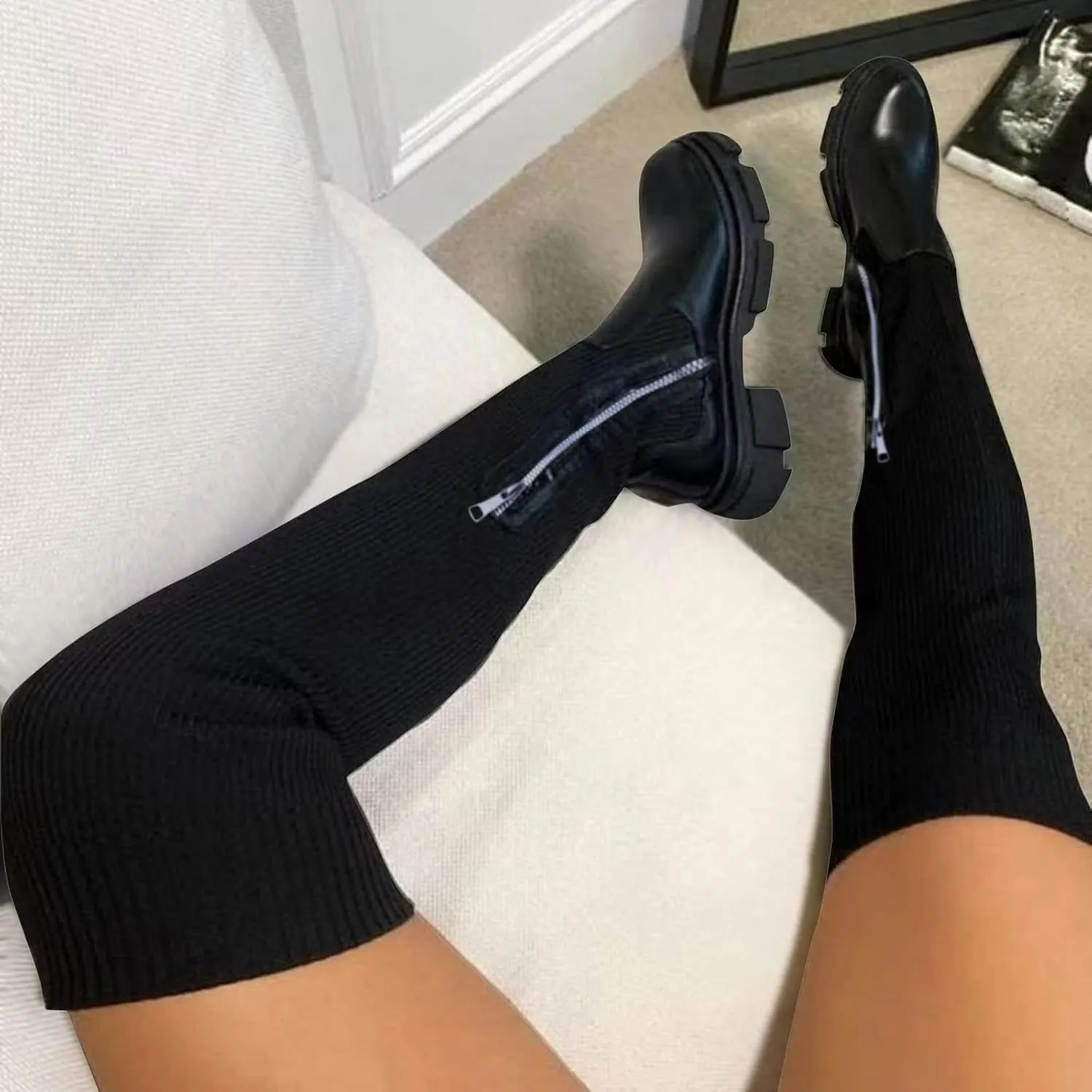 Over the Knee Boots for Women Platform Thigh High Boots Chunky Heel Knee High Boots Round Toe Stretch Suede Over-the-Knee Boots Fashion Long Boot Sexy Fall Boots