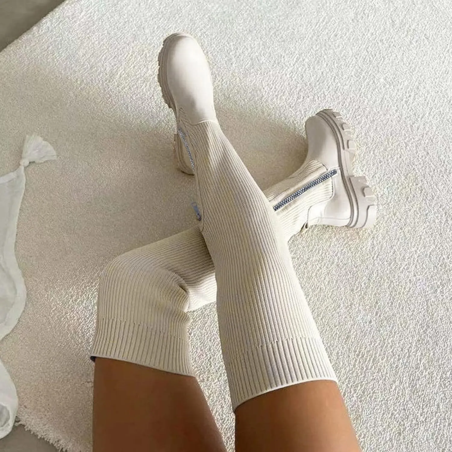Over the Knee Boots for Women Platform Thigh High Boots Chunky Heel Knee High Boots Round Toe Stretch Suede Over-the-Knee Boots Fashion Long Boot Sexy Fall Boots